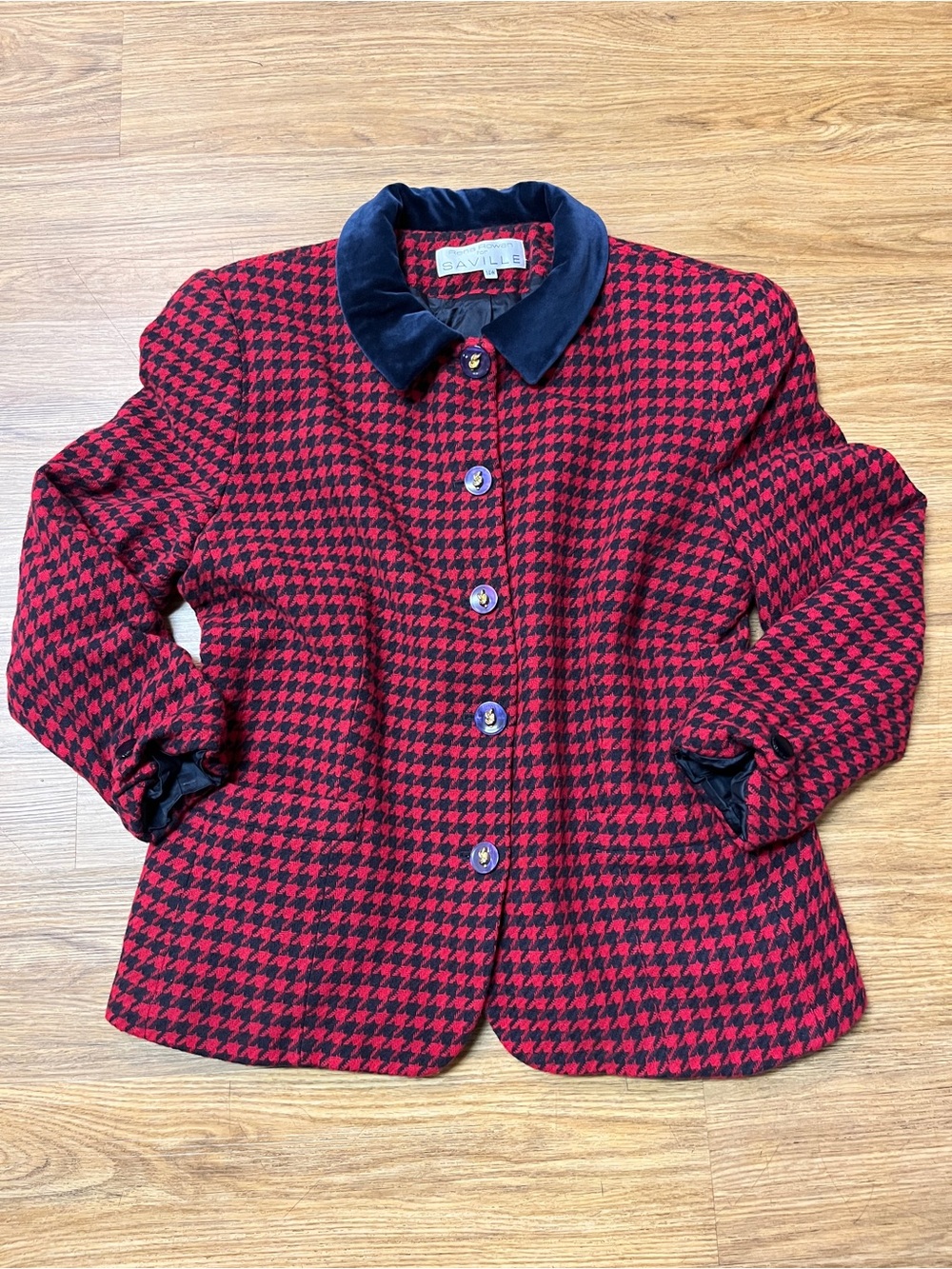 Vintage Rena Rowan Houndstooth Wool Blazer Velvet Collar Red Black Size 14W